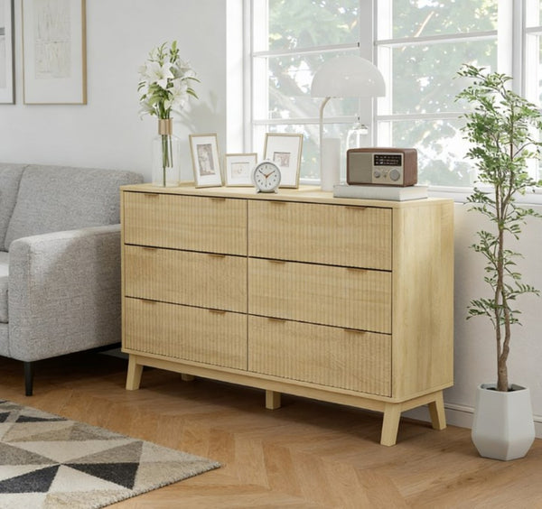English Elm Closet Six Drawer Double Dresser with Fluted Fronts Gold Pulls and Rubberwood Legs T3971P431255