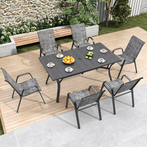 English Elm 7-piece Outdoor Dining Set with Wood-grain Steel Table Umbrella Hole Six Ergonomic Chairs Black+ Gray W3979S00043