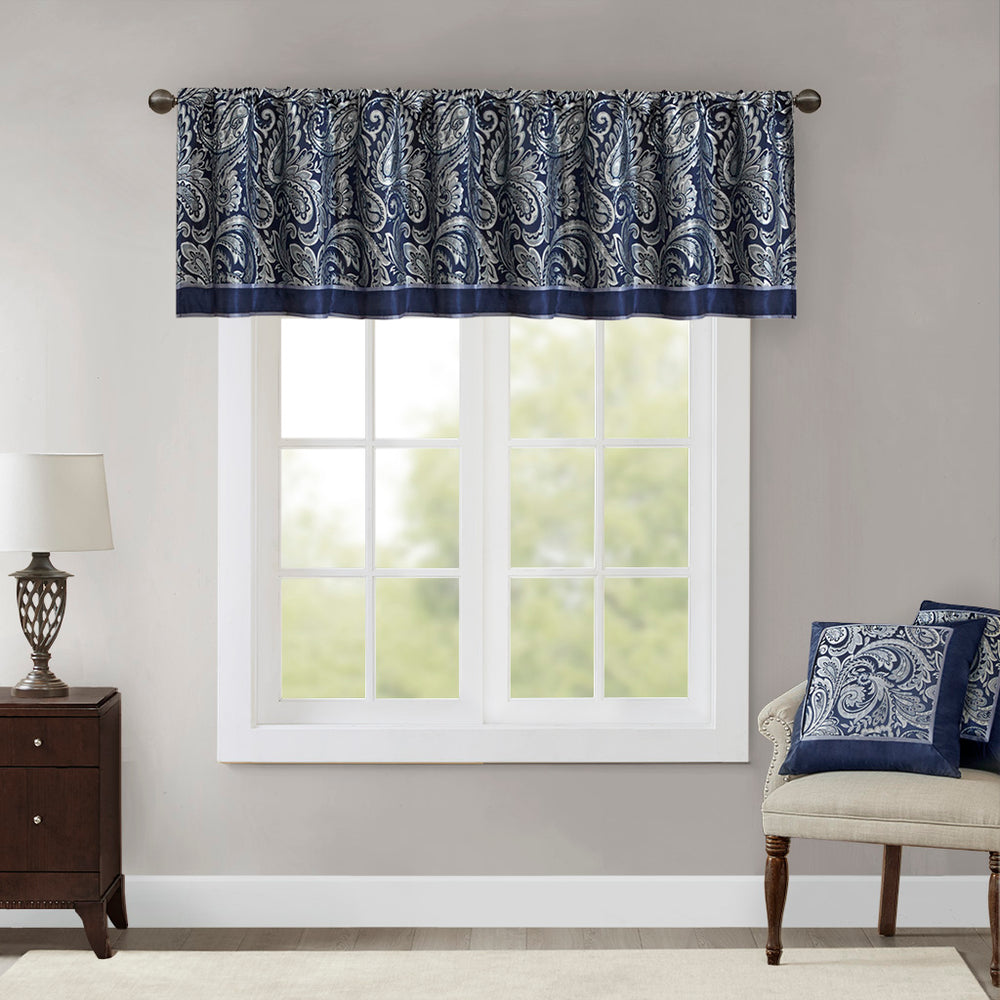 JLA Home Madison Park - Jacquard Window Valance with Paisley-Inspired Weave, Metallic Accents, Faux Silk Trim, OEKO-TEX Safe Navy MP41-4899