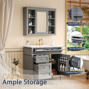 English Elm 36'' Modern Bathroom Vanity With Medicine Cabinet, Soft-Close Doors, 4 Drawers & Ceramic Sink Set SW000134AAE-1
