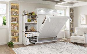 English Elm Queen Murphy Bed with Wine Rack Glass Holder Led Lighting and Cabinet White White LP000391AAK