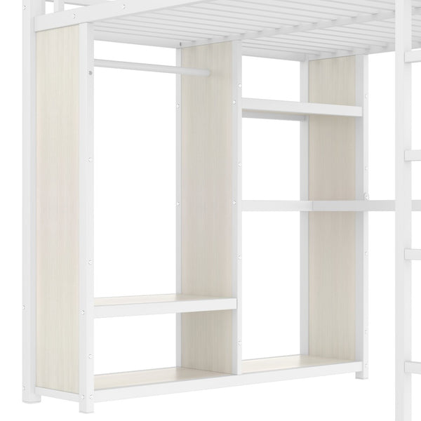 English Elm Queen Size Loft Bed Frame With Desk, Wardrobe & Storage Shelves – Stylish Space-Saving Solution! W1580S00179-GIGA