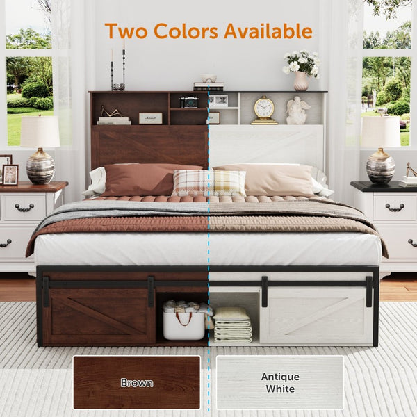 English Elm Farmhouse Full Bed with Storage Headboard Led Lighting and Built-in Charging Station W1550P343687