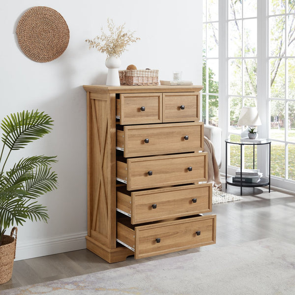 English Elm 6 Drawer Dresser Oak Finish Tall Chest with Silent Metal Rails, Modern Handles, Spacious Storage W2275P206605