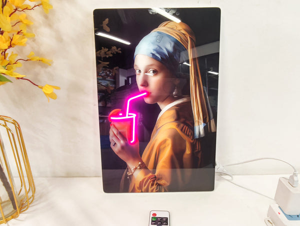 English Elm 24X16 Neon Style Led Wall Art – Illuminated Girl With Pearl Earring Acrylic Print For Modern Spaces T3976P383261