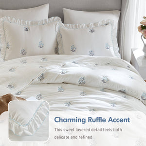 English Elm 3-piece Floral Embroidered Quilt Set Ruffled Trim Romantic Bedding for Full Queen Beds White+Blue B035P463190