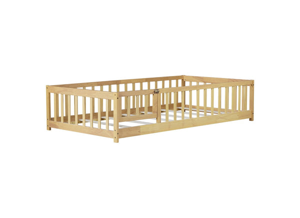 English Elm Twin Size Rubberwood Floor Bed with Safety Fence for Toddler Rooms Natural Finish W504P370531