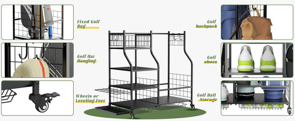 English Elm Golf Bag Organizer Rack with Club Stand Three Shelves and Four Hooks for Garage T3210P392616