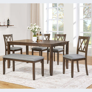 English Elm Elegant 6-Piece Wooden Dining Set For 6 | Modern Walnut Table, Bench & Upholstered Chairs Included W1998S00072