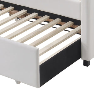 English Elm White Twin Upholstered Daybed Trundle Set with Sloped Panels, 28-Slat No-Box Spring Design, Wheelable Trundle B062S00475