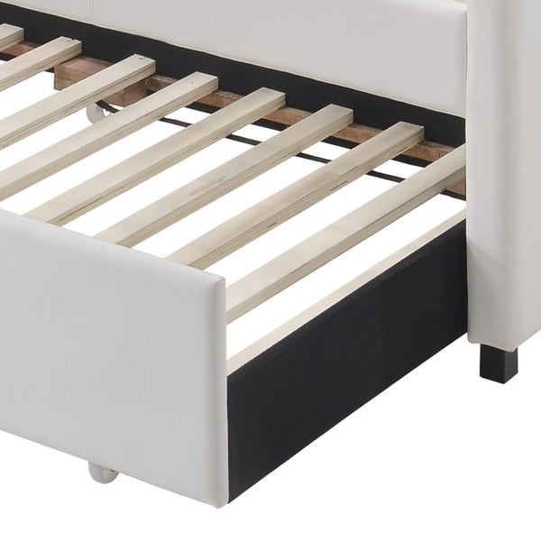 English Elm White Twin Upholstered Daybed Trundle Set with Sloped Panels, 28-Slat No-Box Spring Design, Wheelable Trundle B062S00475