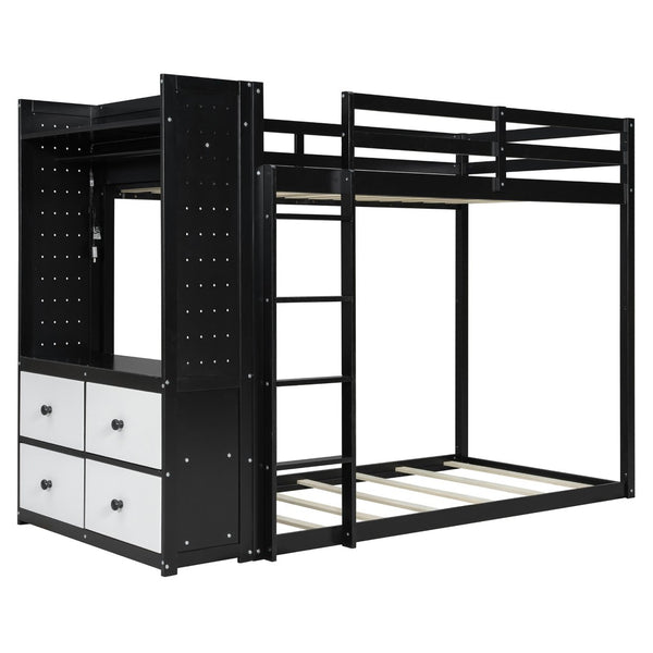 English Elm Twin Bunk Bed with Storage Drawers Hanging Rail Led Shelves and Pegboard Organizer Black LT000282AAB