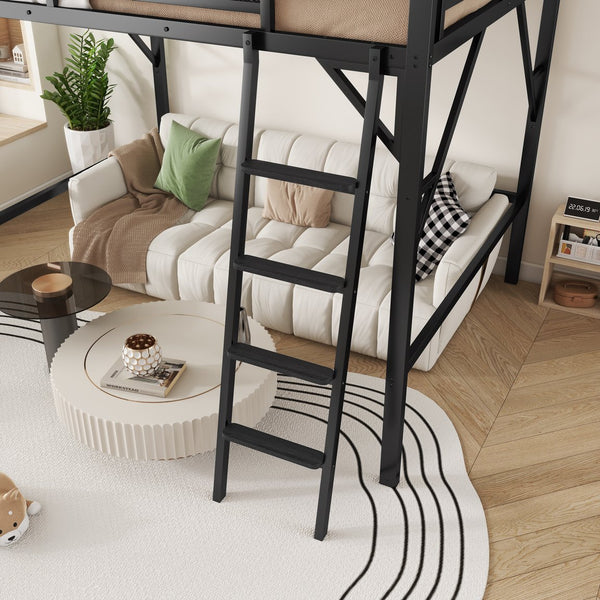 English Elm Queen Size Metal Loft Bed with Ladder and Built-In Storage Shelves, High Durable Black Frame, 400LB Capacity W2580P316650