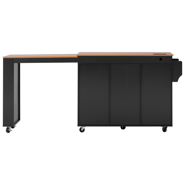 English Elm K&k Rolling Kitchen Island with Extendable Table Open Shelving and Built-in Power Outlet Black N707P360278B