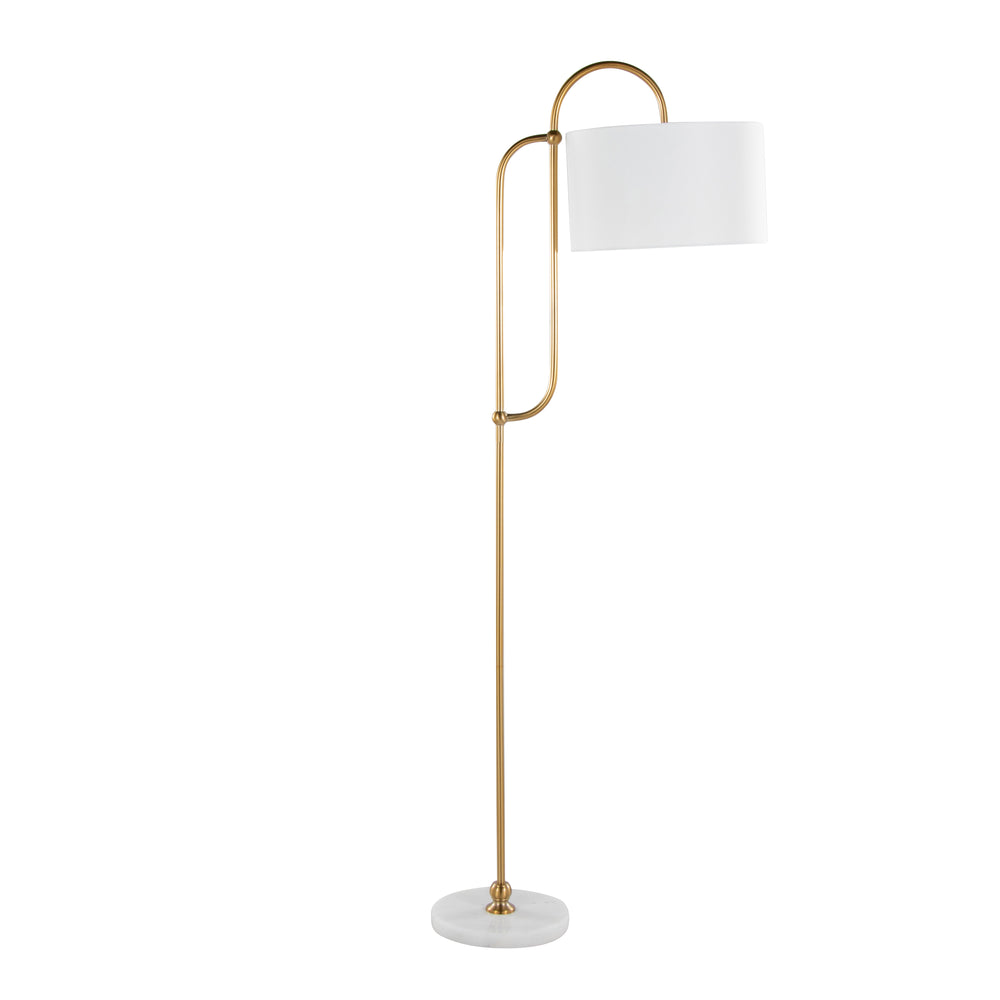 English Elm Leslie Gold Art Deco Floor Lamp with White Marble Base and Linen Drum Shade, 63" Glam Accent B202P224140
