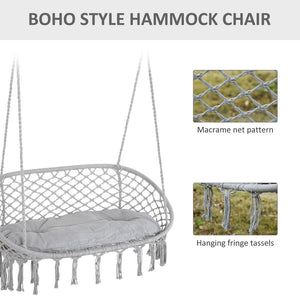 English Elm Outsunny 2-Person Macrame Hammock Chair With Soft Cushion - Stylish Indoor/Outdoor Swing, Gray W2225P174060-GIGA