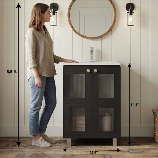English Elm Haysi Frosted Glass Bathroom Vanity with Resin Sink and Shelved Storage Cabinet B070S00415