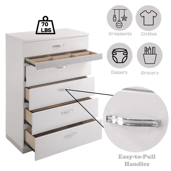 English Elm Naima Glam Six-Drawer Dresser with Felt-Lined Jewelry Organizer, Smooth Glides & Sparkle Accents White 54 L x 20 W x 38 H B2726P261857