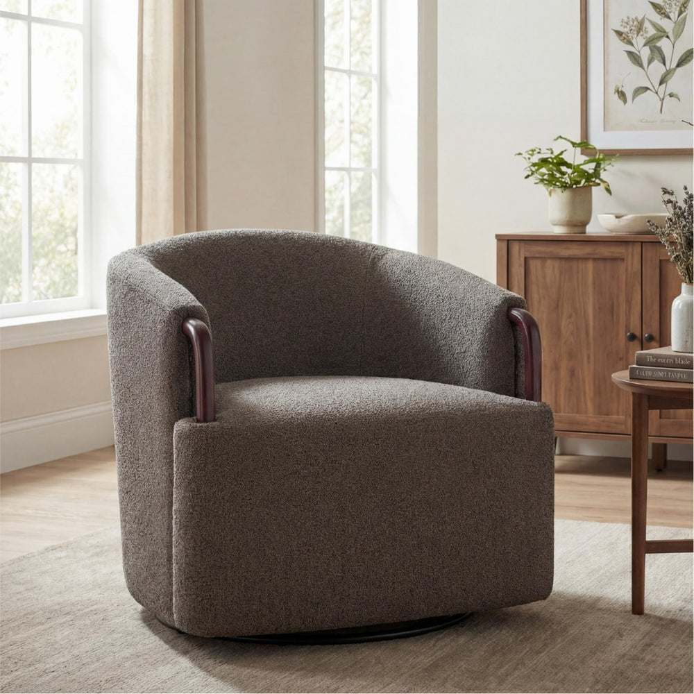 English Elm 30" Boucle Swivel Barrel Chair Wood Accents Sculptural Accent Seating for Any Room N767P422966W