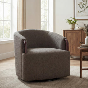 English Elm 30" Boucle Swivel Barrel Chair Wood Accents Sculptural Accent Seating for Any Room N767P422966W