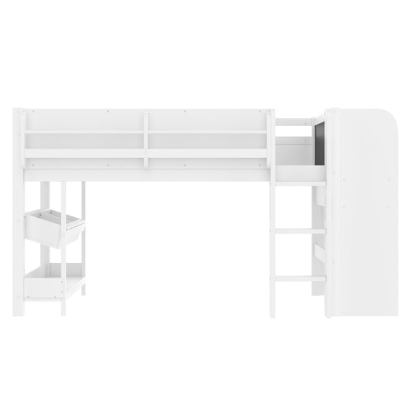 English Elm Twin Low Loft Bed Solid Pine Frame Kids Study Desk Blackboard Storage White W1580S00297