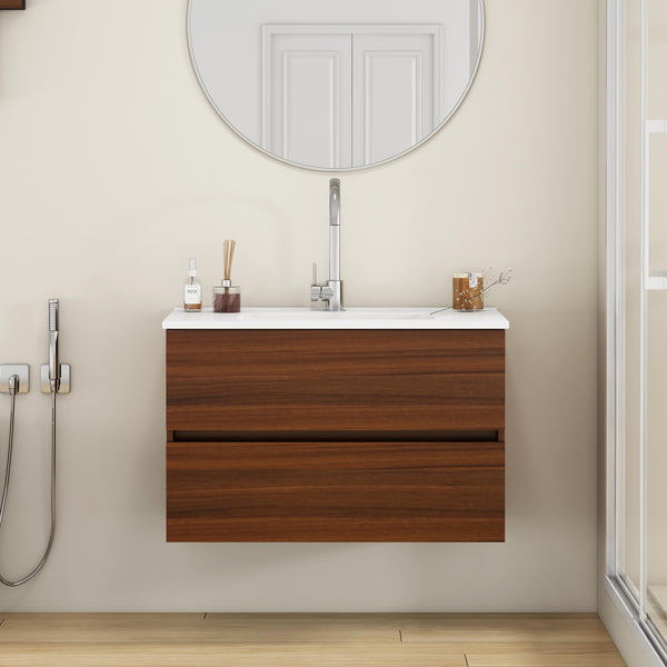 English Elm 32-Inch Wall-Mounted Bathroom Vanity With Soft-Close Drawers, Ceramic Sink, Walnut Finish, Easy Install W3151S00040