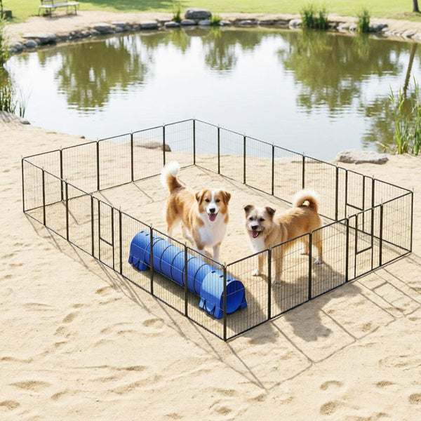 English Elm Dog Playpen 24 Modular Steel Panels with Three Doors for Indoor and Outdoor Pet Use T3971S00243