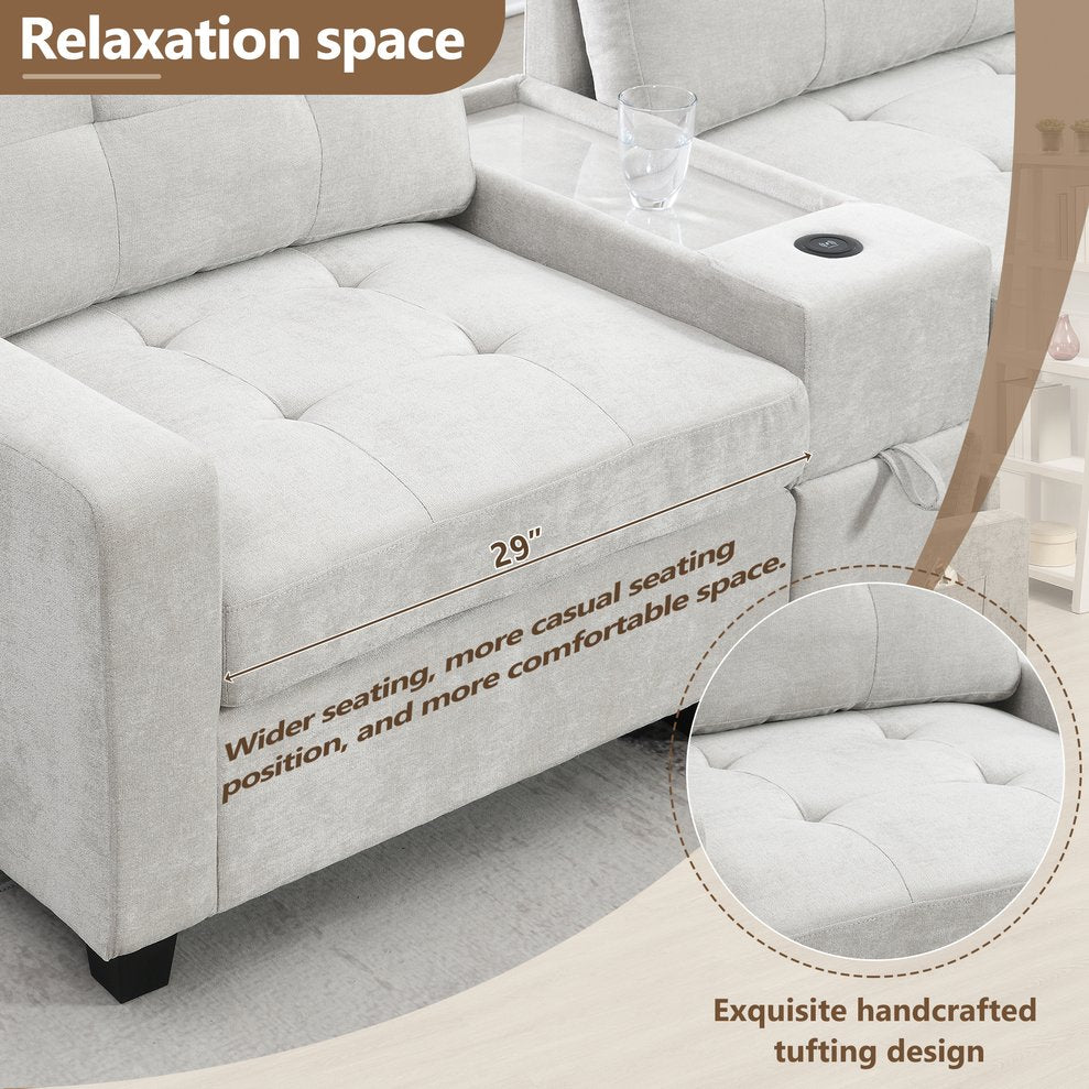 English Elm 104'' Sectional Sofa with Acrylic Table Top, Chenille Tufted U-Shaped Couch with Consoles, USB Charging, Storage Drawers and Ottoman for Living Room, Apartment Light Gray N723S0191K