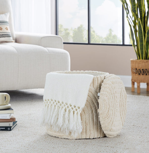 English Elm 18" Cotton Textured Storage Ottoman Chunky High Pile Footrest for Living Room Beige B202P471520