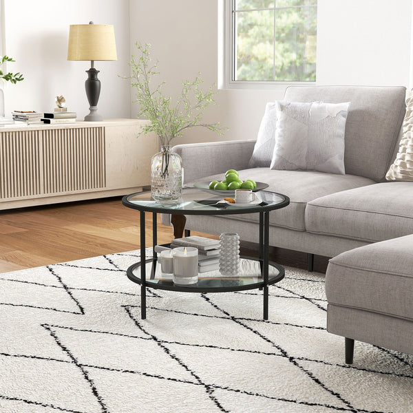 English Elm Homcom 26" Round Side Table With 2-Tier Tempered Glass, Stylish Black Steel Frame For Living Room Use W2225P217457