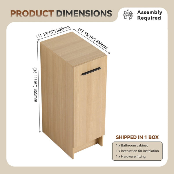 English Elm 12" Wall-mounted Oak Plywood Bathroom Linen Cabinet Slim Floating Single Door Storage W3450P440611