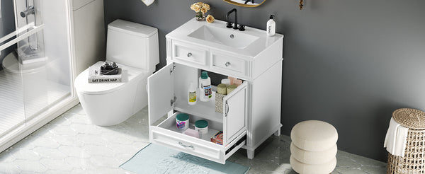 English Elm 30'' Bathroom Vanity with Sink - Retro Solid Wood Frame, Ceramic Basin, Soft-Close Doors & Ample Storage White N710P190656K