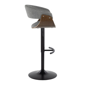 English Elm Vintage Mid-Century Barstool Set of 2 — Adjustable Swivel Counter Stools, Grey Fabric, Walnut Accents, Black Metal Base B202S01079