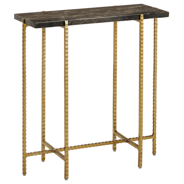 Flying Gold Marble Side Table - Industrial Chic Accent Table with Cappuccino Stone & Gold Iron Base