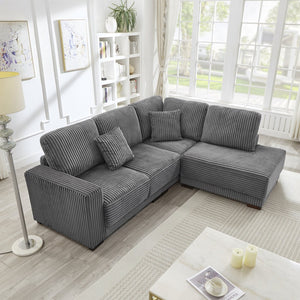 English Elm 93" Sectional Sofa L-Shaped Upholstered Corduroy 3-Seater with Reversible Chaise, Solid Wood Frame, Plush Coil-Foam Cushions Grey W1097S00222
