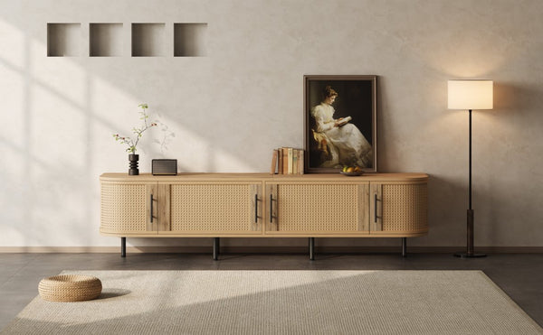 English Elm 70inch Rattan Door Media Console with Iron Legs Natural Wood Finish Living Room N710P429509P