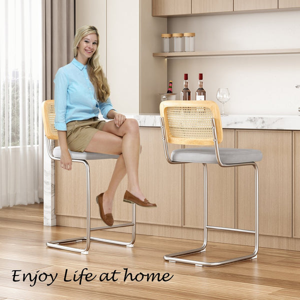 English Elm Counter Velvet Bar Stools Set of 2 with Rattan Back, Cantilever 26" Armless Counter Chairs, Light Grey, Anti-Slip Protector, Easy Assemble T3623P379870