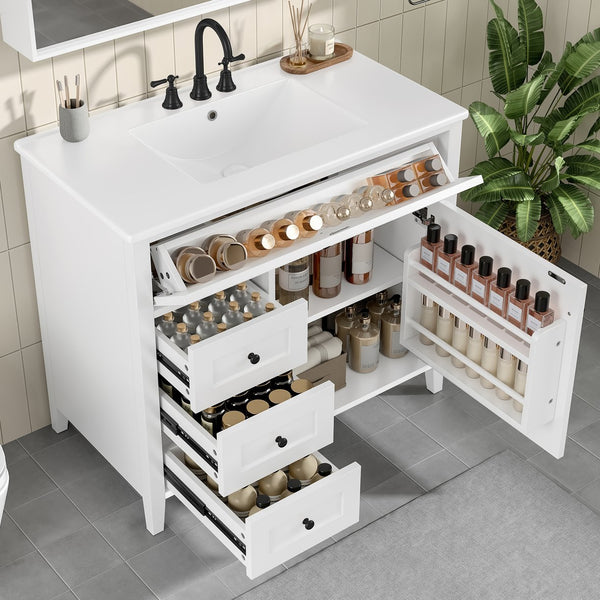 English Elm 36-Inch White Bathroom Vanity With Sink, Modern Mdf & Rubberwood, 3 Drawers & Adjustable Shelf Storage N725P350821K