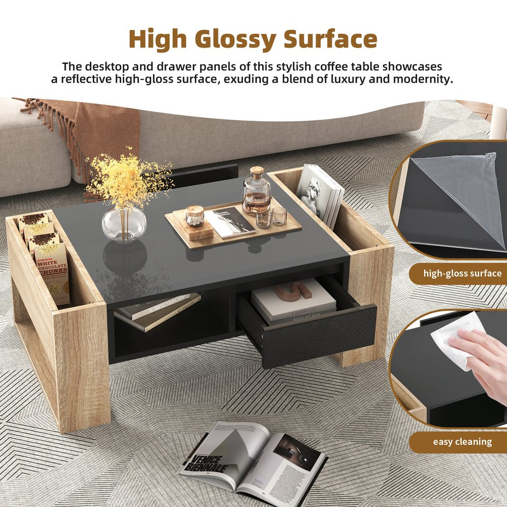 English Elm ON-TREND High Gloss Coffee Table with 2 Drawers, Hidden Compartment, Open Shelf, Modern Luxury Finish Black+Natural N721P205792B