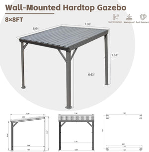 English Elm 8'x 8' Lean to Gazebo Gray — Galvanized Steel Hardtop, Hidden Gutter Drainage, Wind‑Resistant Patio Shelter W1859S00121