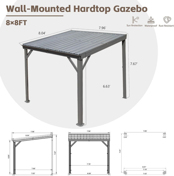 English Elm 8'x 8' Lean to Gazebo Gray — Galvanized Steel Hardtop, Hidden Gutter Drainage, Wind‑Resistant Patio Shelter W1859S00121