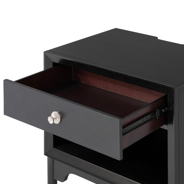 English Elm Mid-century Modern Nightstand Matte Black Acacia Wood Usb Charging Tapered Legs Bedroom B2741P433341