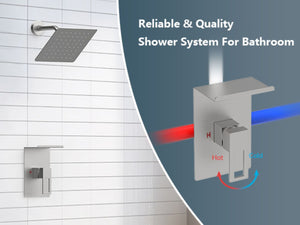 English Elm Shower 8" Square Rain Head Faucet Set with Single-Handle Mixer, 15" Arm, Rack Storage & Detachable Trim (Modern) Brushed Nickel T3177P269411