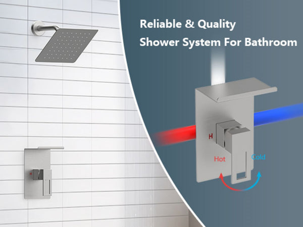 English Elm Shower 8" Square Rain Head Faucet Set with Single-Handle Mixer, 15" Arm, Rack Storage & Detachable Trim (Modern) Brushed Nickel T3177P269411