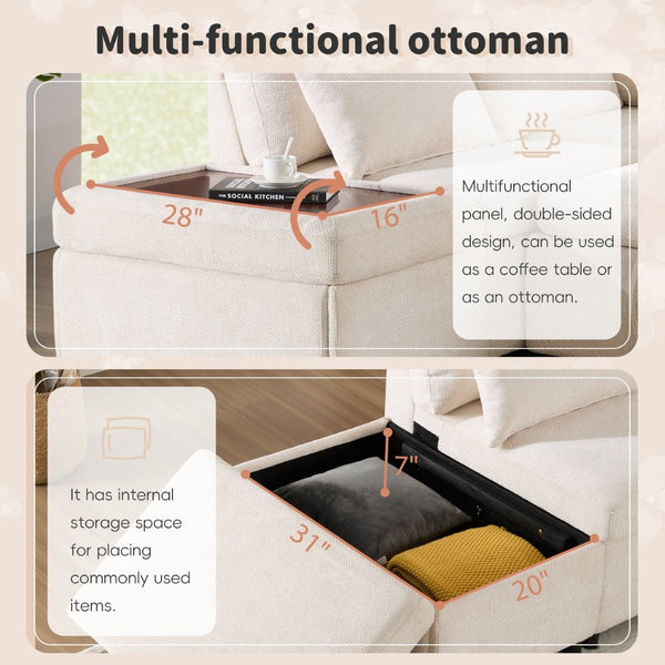 English Elm [video]107'' Chenille Sleeper Sectional with Usb Charging Storage Ottoman and Adjustable Armrest Beige N723S8782A