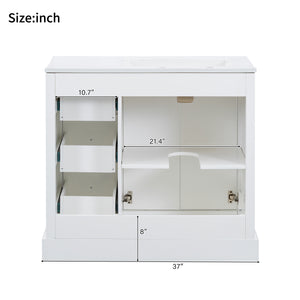 English Elm 36'' Transitional Bathroom Vanity with Ceramic Sink, Solid Wood Frame, Adjustable U-Shelf & Soft-Close Doors White N729P292966K