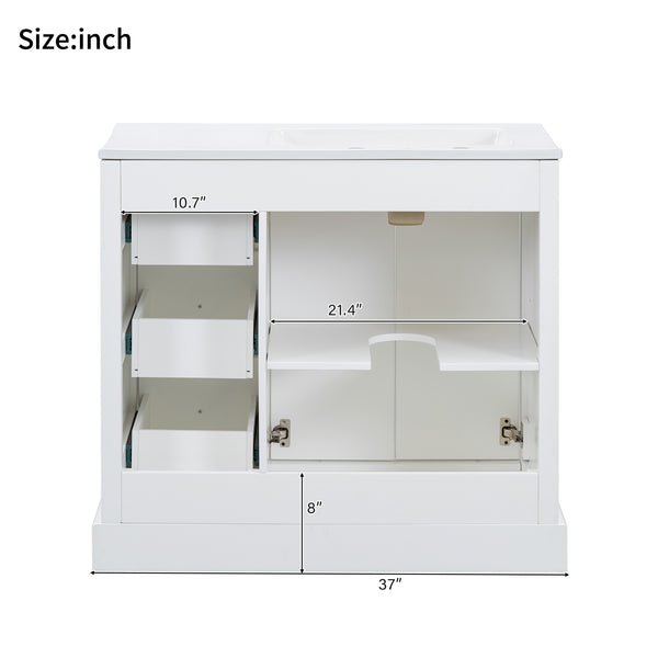 English Elm 36'' Transitional Bathroom Vanity with Ceramic Sink, Solid Wood Frame, Adjustable U-Shelf & Soft-Close Doors White N729P292966K