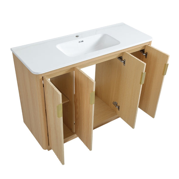English Elm 48 Inch Freestanding Vanity Natural Wood Grain Four Door Storage Gold Pulls Ceramic Sink W3235S00006
