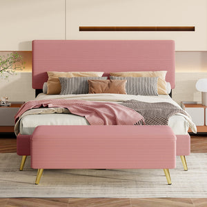 English Elm 2 Pieces Bedroom Sets Queen Size Upholstered Bed Frame, Modern Corduroy Storage Ottoman,Pink