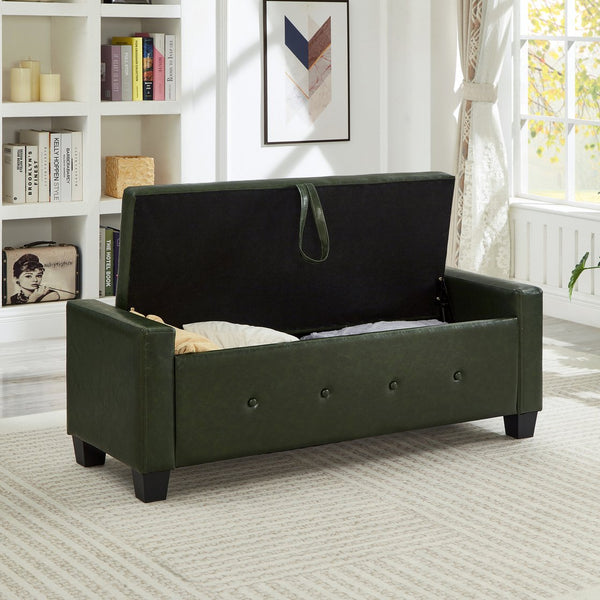 English Elm 48" Storage Ottoman Bench with Tufted Faux Leather Upholstery, Solid Wood Frame & 300lb Capacity Dark Green W1097P338777